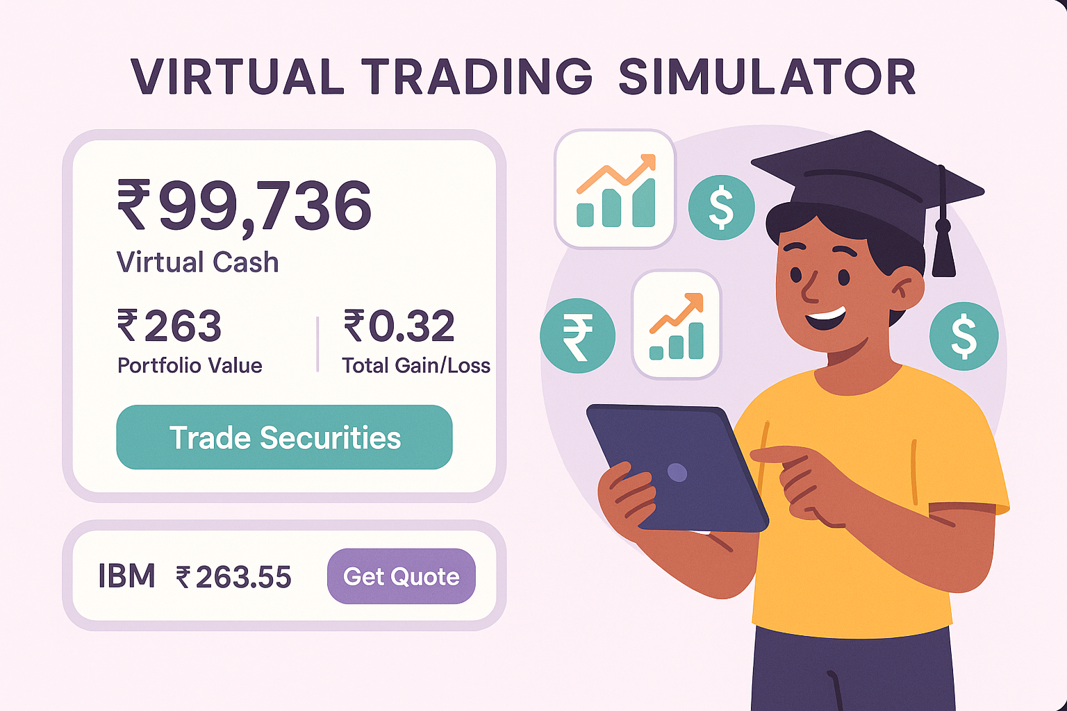 Dynamic interface of InvestBuddy AI's virtual trading simulator, displaying sleek stock charts, portfolio overview, and AI suggestion pop-ups.